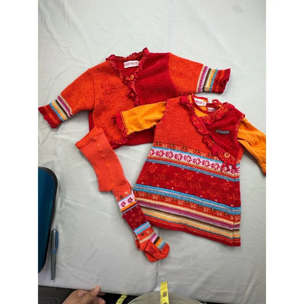 Clayeux Enfant Girls 4pc Red Orange Knit Dress Cardigan Tights Set 9M France